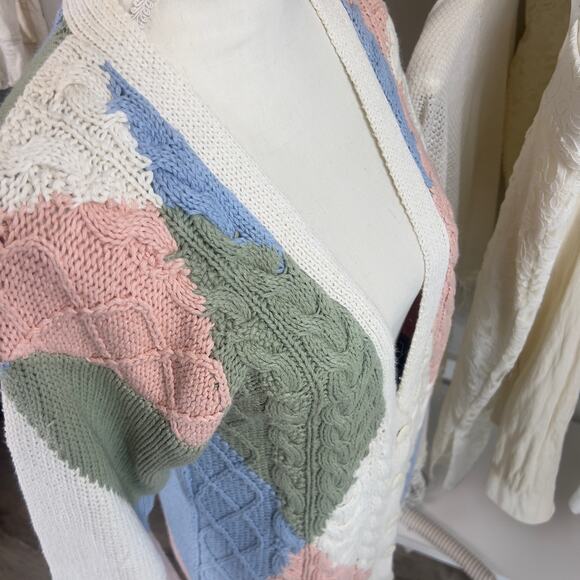 Gallagher hand knitted women's sz small pastel sweater, deep v retro vibe #3047 - Picture 4 of 7